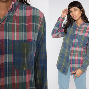 PATCHWORK Flannel Shirt 90s Plaid Shirt Long Sleeve Button Down Grunge Cotton Green Blue Lumberjack Red 1990s Vintage Medium Large 