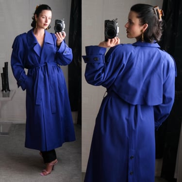 Vintage 80s SANYO Tokyo Blue Purple Power Shoulder Gabardine Belted Duster Trench Overcoat | 100% Wool | Made in USA | 1980s Japanese Design 