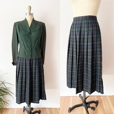 1980s Green Tartan Plaid Skirt / 80s Green and Blue Plaid Skirt / Requirements Skirt Box Pleats Midi Length Academia / Dark Academia Preppy 