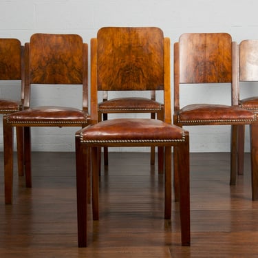 1930s French Art Deco Walnut Dining Chairs W/ Leather Seats - Set of 6 