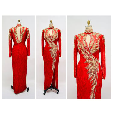 80s 90s Vintage Red Beaded Dress Evening Gown Small Medium// 90s Red Beaded Evening Pageant Dynasty Gown Dress Small Chinese Wedding Gown 