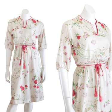 Vintage 1970s Floral Peasant Dress with Belt 