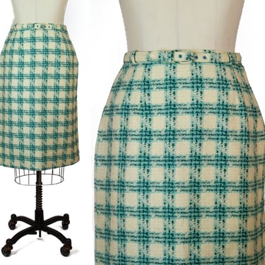 1950s Skirt ~ Wool Turquoise Ivory and Black Wool Belted Pencil Skirt 