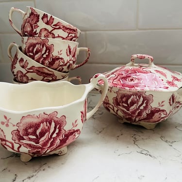 6 Piece Vintage English Chippendale Tea Cups, Creamer / Sauce Boat, Sugar Bowl with LId Red Floral Johnson Bros Transfer ware - Chintz by LeChalet