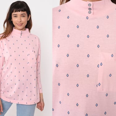 Geometric Long Sleeve Shirt 90s Baby Pink Mock Neck T Shirt Pastel Dot Print Retro Top Chest Pocket Retro Tee Vintage 1990s Small 