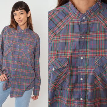 Plaid Western Shirt 90s Pearl Snap Button Up Cowboy Shirt Blue Checkered Rodeo Vaquero Top Long Sleeve Retro Vintage 1990s Extra Large xl 