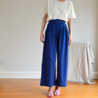wide leg belted navy blue knit pleated pants 