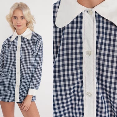 Blue Gingham Blouse 70s Checkered Shirt Long Sleeve Button Up White Country Western Cowgirl Hippie Boho 1970s Vintage Bohemian Small Medium 