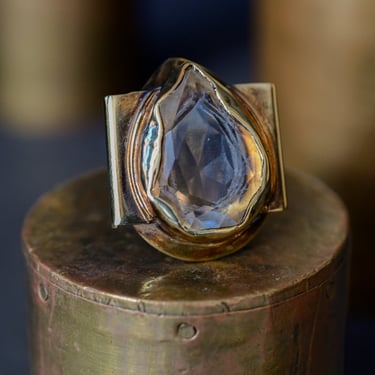 24k Gold Plated Brass and Bold Teardrop Quartz Cut Glass Ring