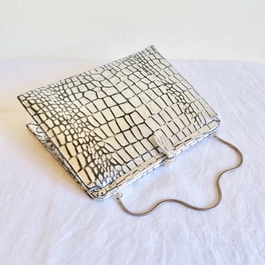 1960's Mod Silver and Black Mock Croc Embossed Leather Clutch Purse Convertible Chain Evening Cocktail Purses 60's Clutches Andrew Geller 
