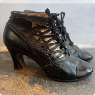 Edwardian Early 1900s Antique Black Leather Lace-Up Ankle Booties w Cutouts 8.5 