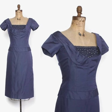 Vintage 50s Cocktail Dress / 1950s Beaded Shelf Bust Slate Blue Silk Wiggle Dress M 