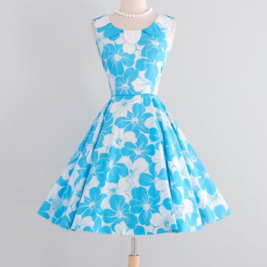Vintage 1960's Aqua Blue Floral Cotton Dress with Petal Collar / S