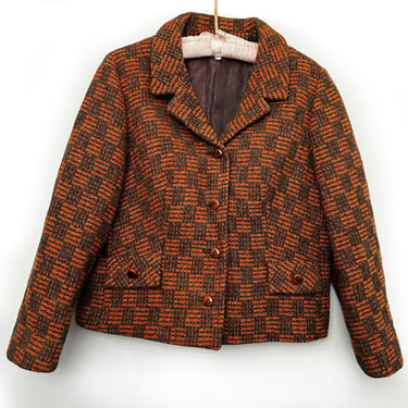 50's Plaid WOOL Box Suit Jacket Orange Black Check Tweed 1950's, 1960's, Mid Century Blazer 
