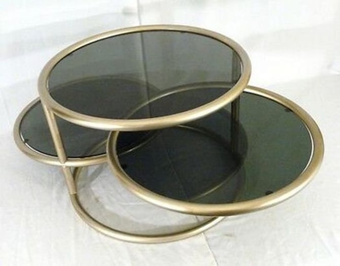 Mid Century Modern Smoked Glass & Brass Adjustable 3 Tier Coffee Table 