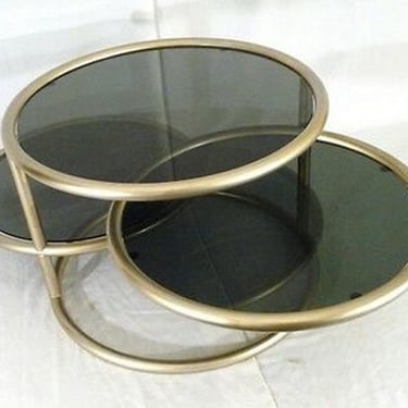 Mid Century Modern Smoked Glass & Brass Adjustable 3 Tier Coffee Table 