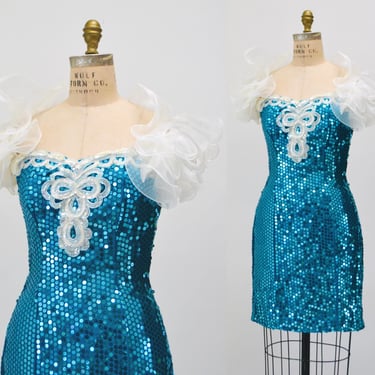 80s Prom Dress with Blue Sequins Ruffles Size Small // Vintage 80s Pageant Dress Size Small Blue White Ruffle Sleeve 80s Sequin party dress 