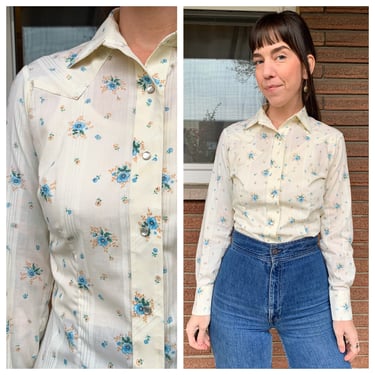 70s western cream tiny floral pearl snap 