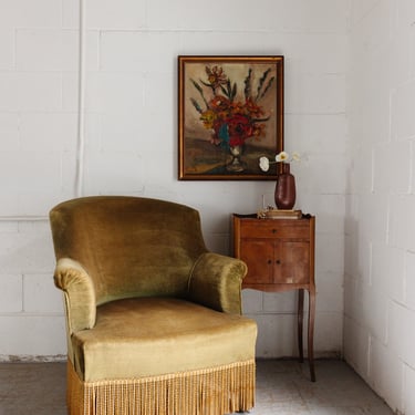 antique french mustard green crapaud chair with fringe