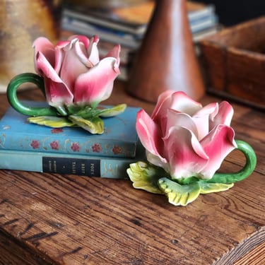 Capodimonte rose candle holders vintage porcelain ceramic Italy 