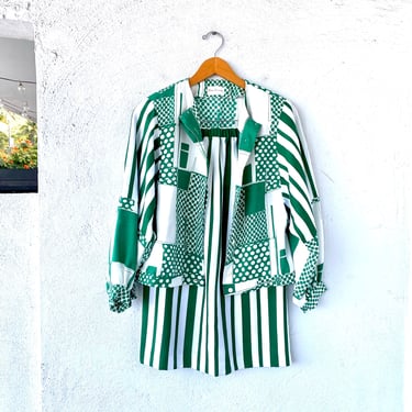 Vintage 70s 80s Abstract Green White Shirt Jacket Top Artsy Striped Skirt Suit 