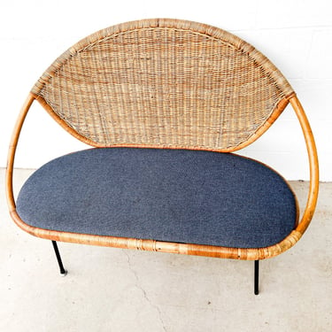 Wicker Midcentury Woven Seattee with Blue Seat Cushion 