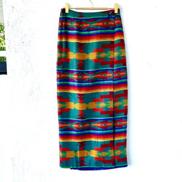 Vintage 90s Southwestern Rainbow Striped Wrap Skirt Contempo Casuals Bright Maxi Skirt 