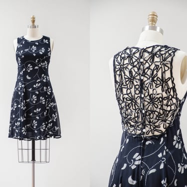 black floral mini dress | 90s vintage chiffon open low back sleeveless short chiffon dress 