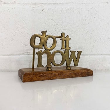 Vintage Brass "Do it Now" Wooden Desk Organizer Letter Holder Wood Dark Brown Boho Retro Storage Mail Office Crafts 1970s 