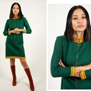 Vintage 1960s 60s Forest Green Wool Mod Long Sleeve Shift O-Ring Retro Mini Dress / Twiggy 