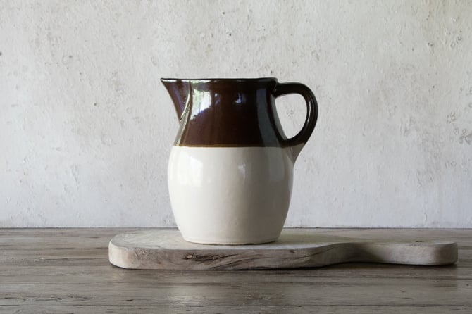 Brown and Beige Stoneware Pitcher, by Roseville Pottery, Small Vintage Pitcher 