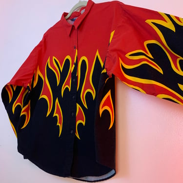 90’s flame shirt, cotton flame button down, western Brooks & Dunn flame shirt 