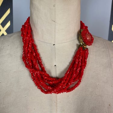 1950s necklace, red glass beads, multi strand, vintage necklace, mid century jewelry, mrs maisel style, haskell look, 50s jewellery, beaded 