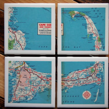 1972 Cape Cod Vintage Map Coaster Set of 4. Massachusetts Map. Cape Cod Coasters. Provincetown Map. New England Decor. Coastal Map Plymouth 
