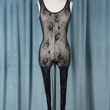 Incredible RARE Vintage 1980s GUY LAROCHE Black Lace Sheer Full Bodysuit Body Stocking Crotchless with Low Back 