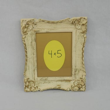Vintage Picture Frame - Molded Plastic w/ Shabby Cream and Dark Gold - Holds a 4" x 5" Photo - 4x5 Photo Frame 