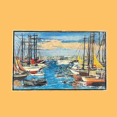 Vintage Painting 1960s Retro Size 21x33 Mid Century Modern + Sailboats + Sailing + On the Water + Acrylic + Stretched Canvas + Wall Decor 