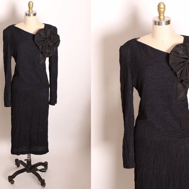 1980s Black Long Sleeve Textured Ruched Long Sleeve Oversized Bow Black Dress by Leslie Lucks -M 