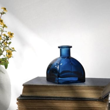 Blue Glass Ink Bottle, inkwell shape bud vase, desk bud vase, spring table decor, cobalt blue vase, apothecary vase 