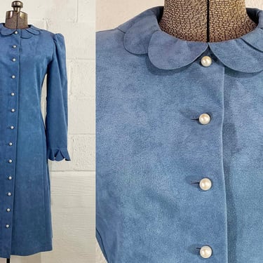 Vintage Vera Maxwell Mid Century Mod Ultra Suede Shirt Dress Ultrasuede Long Jacket Periwinkle Blue Pearl Button Front Small XS 1970s 
