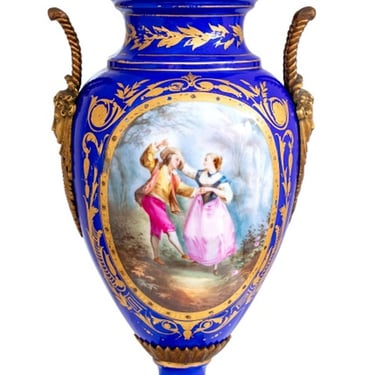 Sevres Style Blue Ground Porcelain Covered Vase
