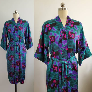 1980s California Dynasty Robe in Beautiful Abstract Print- 80s Lingerie - 80's Loungewear - Women's Vintage Size Large 