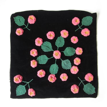 Vintage Floral Pillow Sham, Crocheted Roses and Leaves on Black Velvet, Pink Roses and Green Leaves, Vintage Throw Pillow 