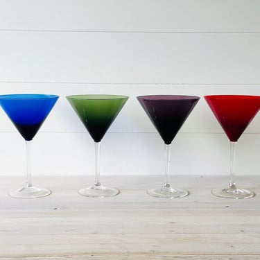 Vintage New In Box Murano Style Art Glass Hand Crafted Jewel Toned Martini Barware Set of 4 