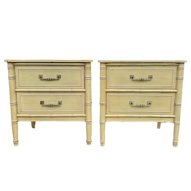 Henry Link Bali Hai Faux Bamboo Nightstands by FREE SHIPPING - Set of 2 Vintage Yellow Wash End Tables Hollywood Regency Coastal Furniture 