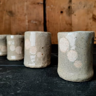 Set of 4 beige stoneware pottery pots with white polka dots, Wabi Sabi pottery kitchen, small handmade pots 