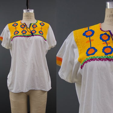 Vintage 1970s Embroidered Yellow Tunic Top, 70s Huipil, Vintage Bohemian Tunic, 70s 1970s, Boho Hippie, Size M/L by Mo