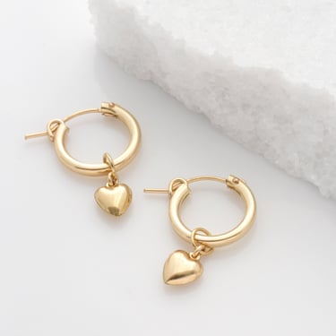 Gold Heart Hoops, Small Hoop Earrings, Heart Charm Earrings, 14K Gold Filled Hoops With Heart Charm, Valentine's Day Gift For Her 