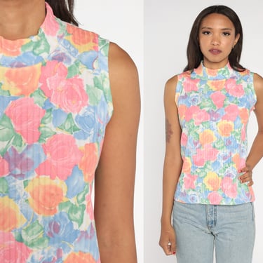 90s Floral Tank Top Mock Neck Ribbed Sleeveless Blouse Blue Pink Rose Shirt Summer Top Retro Flower Print Basic Vintage 1990s Small S 