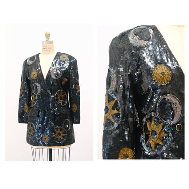 Vintage Sequin Jacket Black and Gold Metallic With Stars Moon Medium by Modi // Vintage Black Sequin Jacket Astrology Stars Night Sky 
